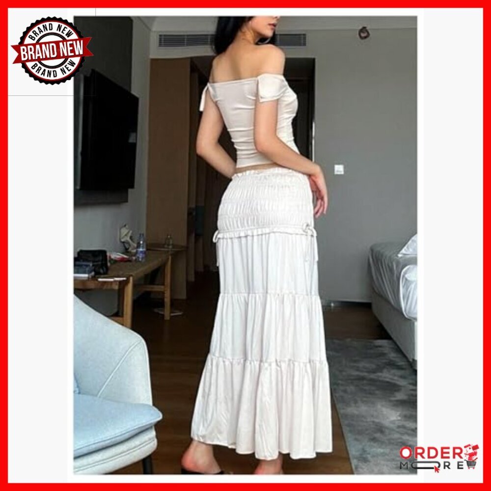 Large 2-Piece Skirt Set with Off-Shoulder Crop Top and Ruffle Maxi Skirt - Picture 2 of 6